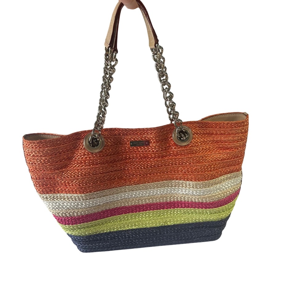 Kate Spade New York Striped Woven Straw Tote Bag Multi Color Leather Trim